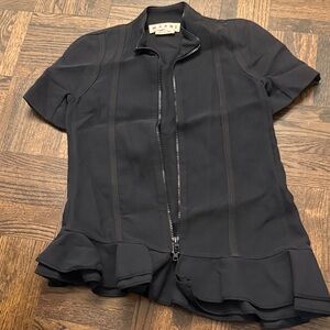 Marni Navy Short-Sleeve Zip-Front Peplum Blouse blazer